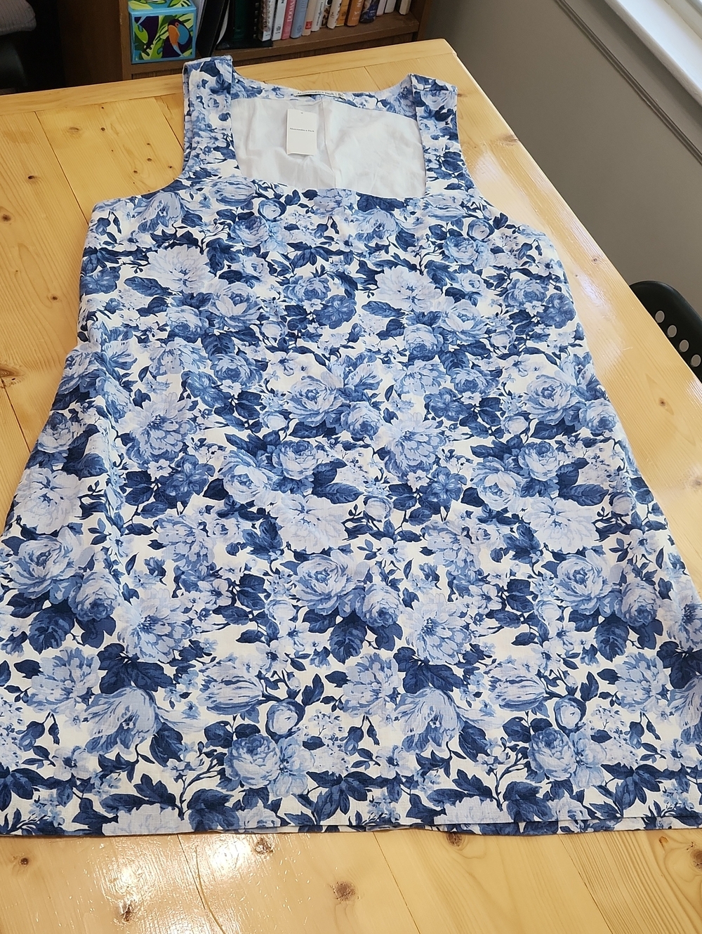 Abercrombie & Fitch Linen Wide Strap Mini Dress Square Neck Blue White XLT - Picture 13 of 16